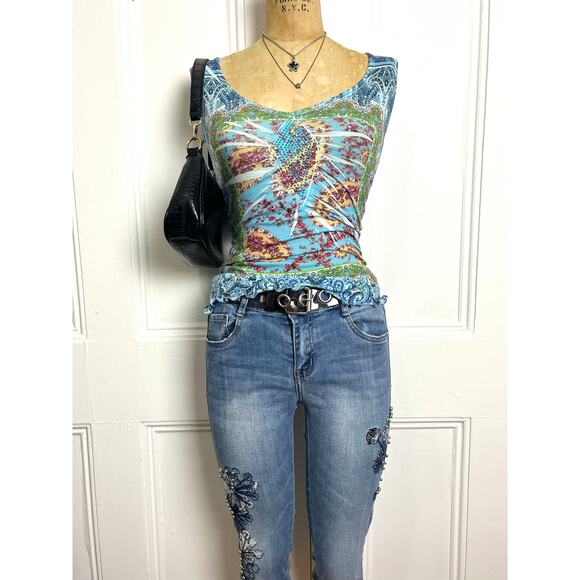 Live and let live Bohochic multicolor retro print rank with studded neckline - Picture 3 of 7